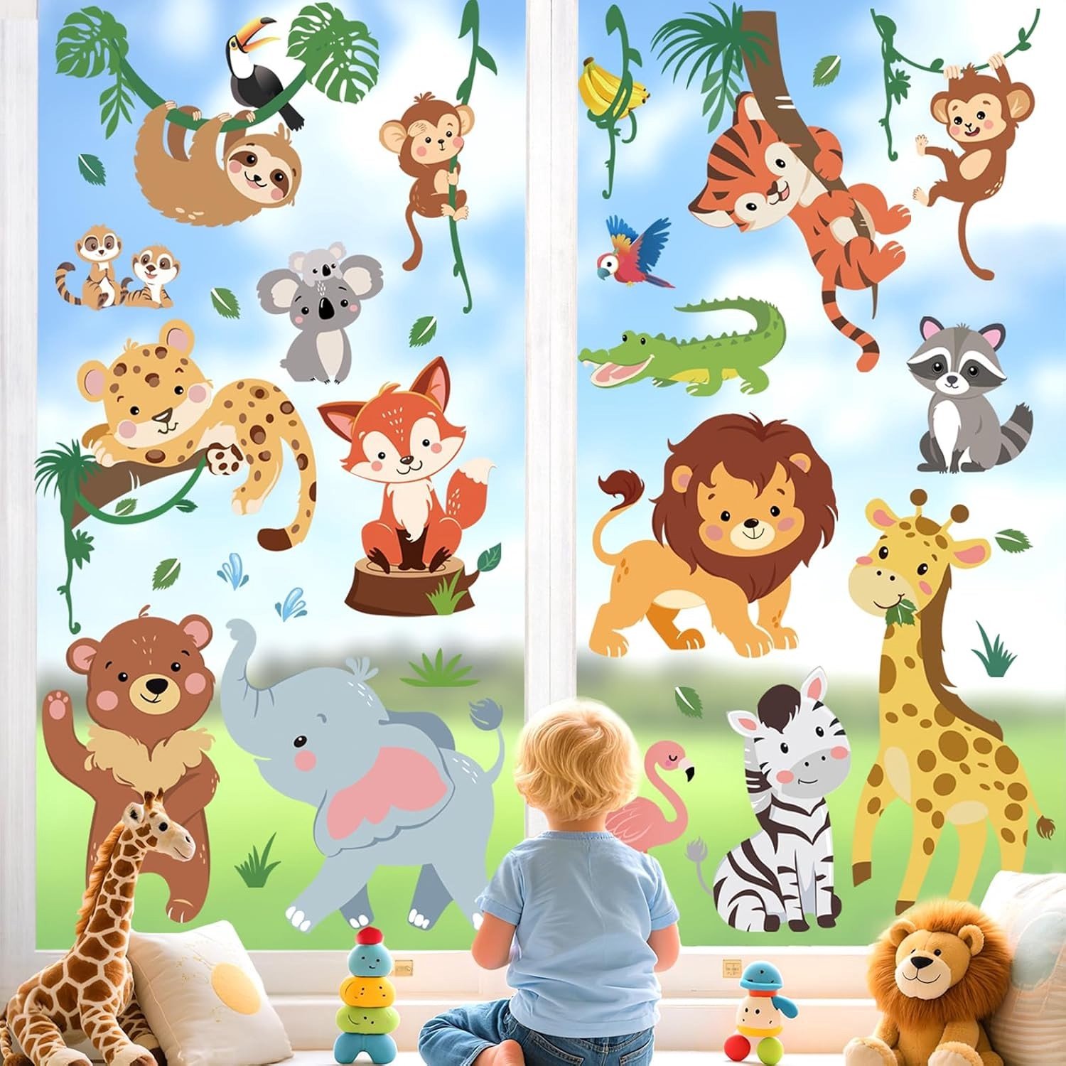 Raamstickers voor Kinderen met Dieren, Voorjaar & Zomer, Dubbelzijdige Decoratie voor Glas, Veiligheid en Anti-botsing