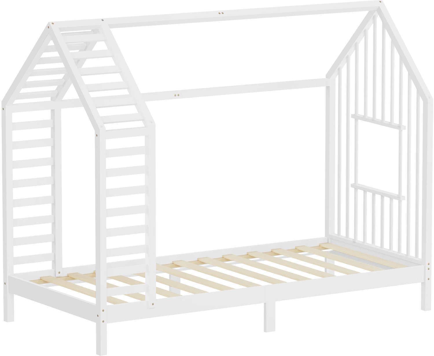 ml-design Kinderbed 90 x 200 cm met lattenbodem, huisbed met dak en raam, robuust bedframe van massief grenenhout, montessoribed voor meisjes en jongens belastbaar tot 100 kg, houten peuterbed met een eenvoudige montage voor de slaapkamer, wit
