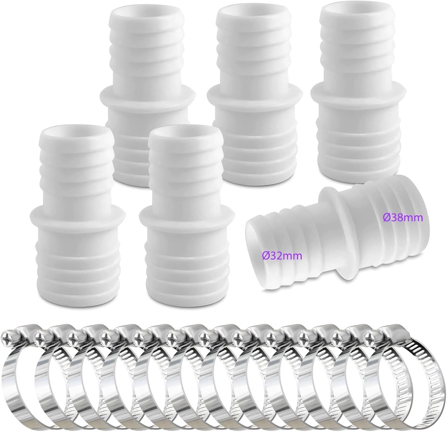 Hose Connector Set van 6 Stuks, 32 mm tot 38 mm Diameter, Inclusief 12 Slangenklemmen voor Zwembadslangen en Adapter Slangen