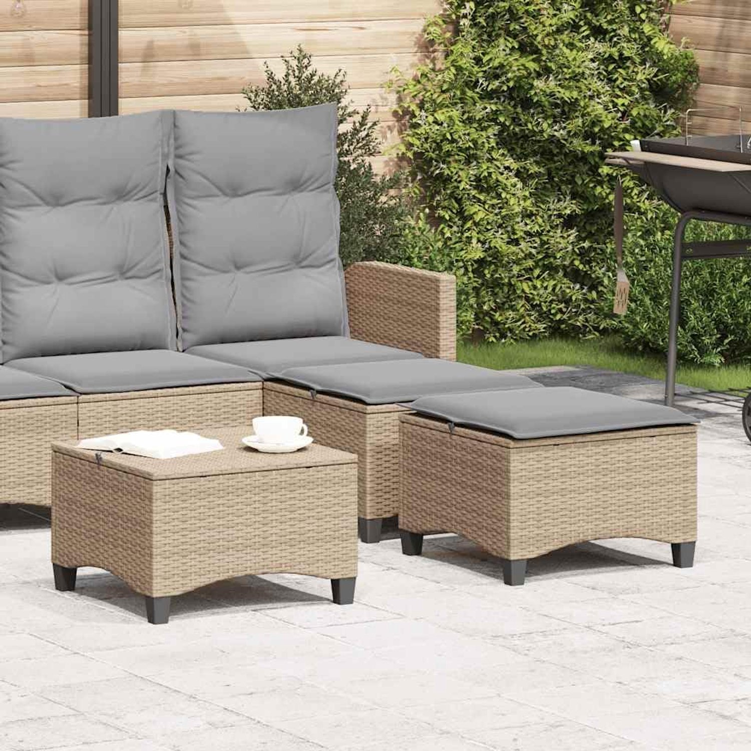 Set van 2 tuinkrukken met kussens, voetenkrukken van polyrotan, zitkrukken voor terras, balkon, tuin, beige, 55 x 55 x 36 cm