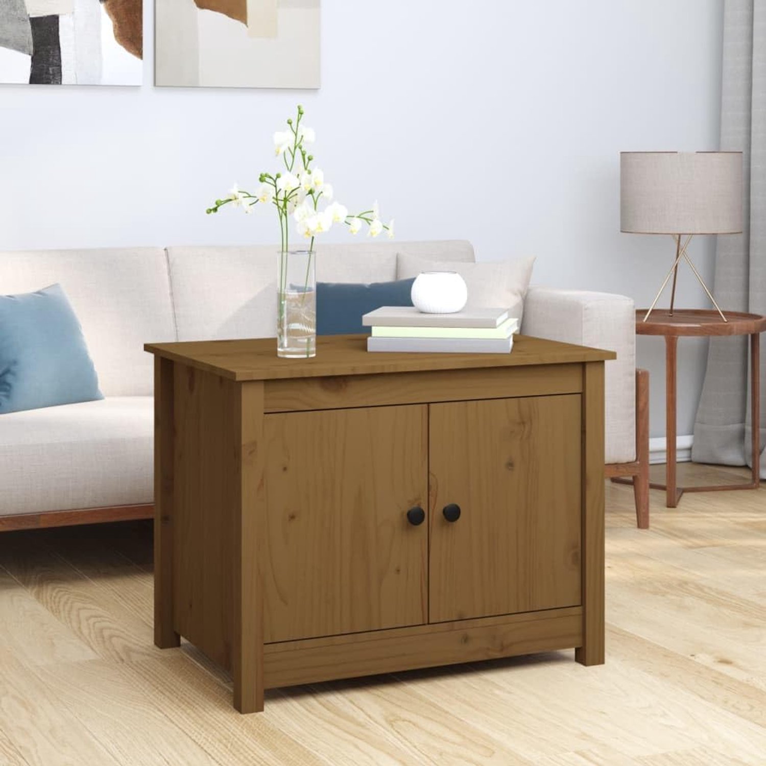 Grenen salontafel honingbruin 71 x 49 x 55 cm met 4 vakken opbergruimte rustieke look stabiele houten lijst robuuste bovenplaat voor woonkamer opslag