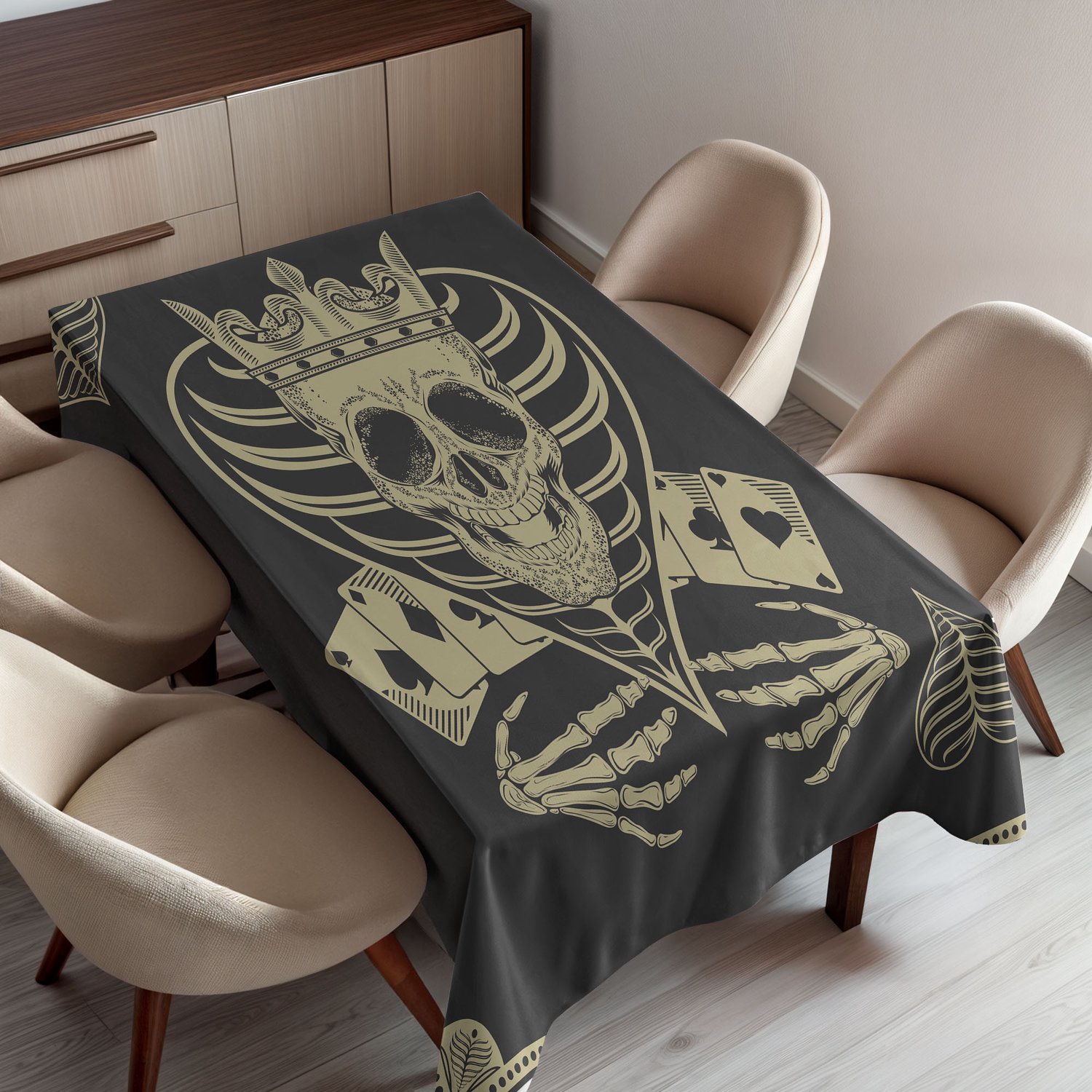 ABAKUHAUS Schedel Tafelkleed, Vector Schedel met Pokerkaarten Spel Eng Horrorbeeld met Kroon en Hart, Rechthoekig Tafelkleed voor Eetkamer Keukendecoratie, 130 x 150 cm, Grijs Beige