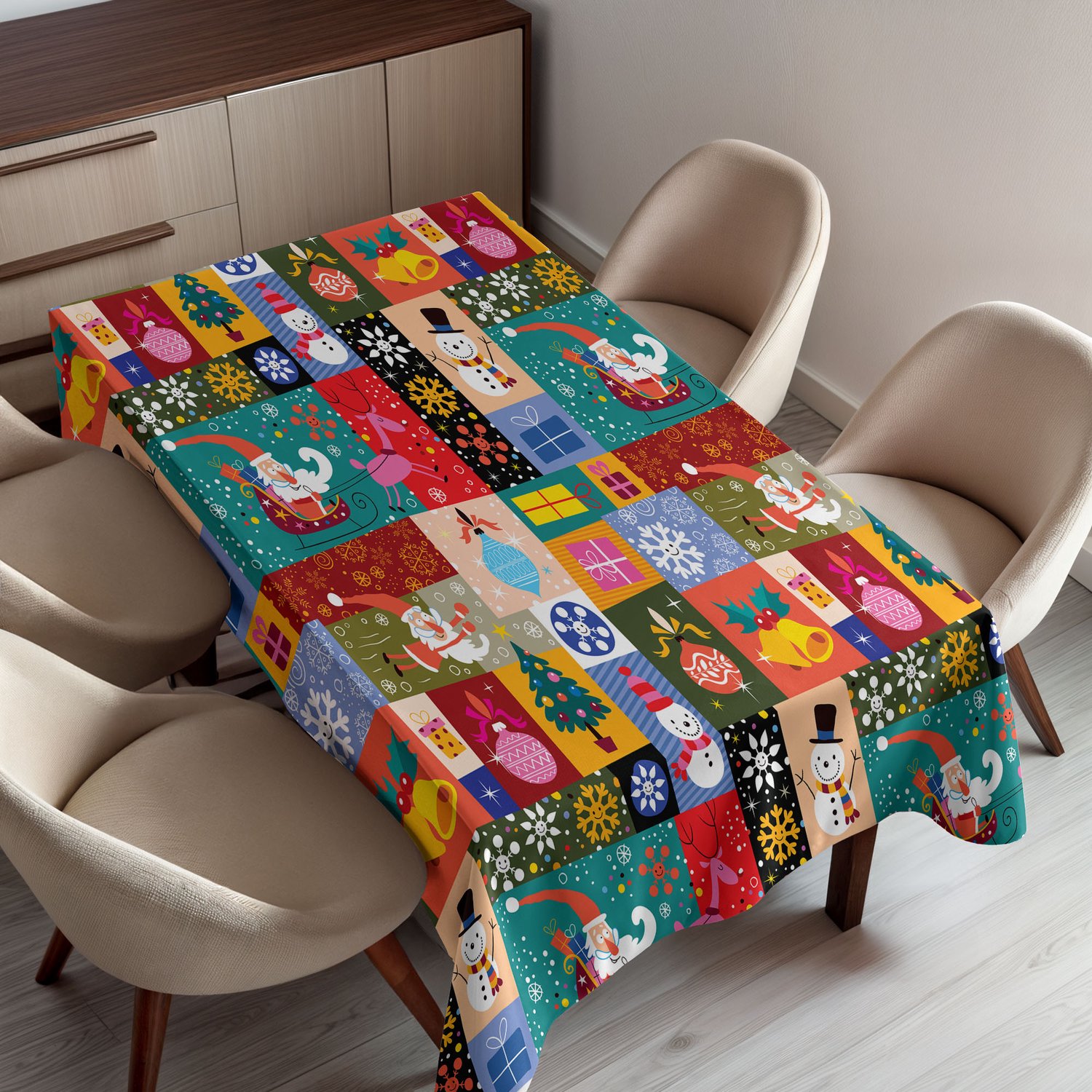 ABAKUHAUS Kerst Tafelkleed, Modern Ontwerp met Grappige Kerst- en Winterpatronen, Rechthoekig Tafelkleed voor Eetkamer Keukendecoratie, 150 x 200 cm, Rood Blauw