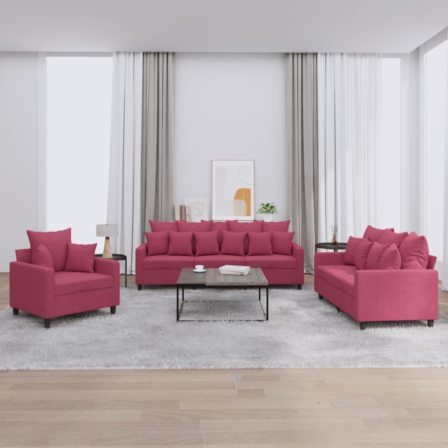 Fluwelen bankstel 3-delig met kussen voor de woonkamer, zachte velours stof en robuust frame van multiplex metaal, comfortabele bekleding voor ontspanning televisie kijken