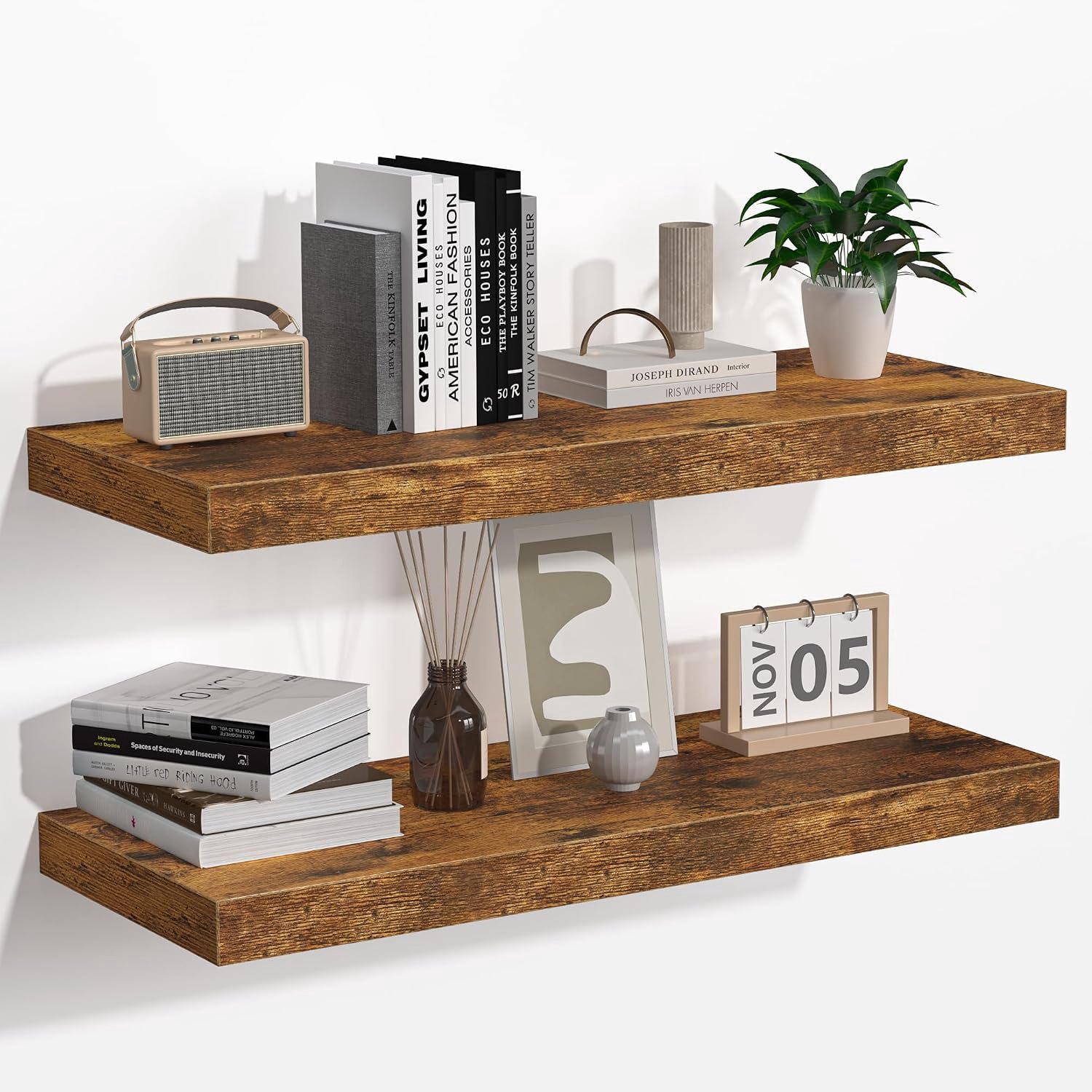 Zwevende planken - rustieke houten wandplanken set van 2 - wandgemonteerde opbergplank met onzichtbare beugels - extra dieper en dikker voor woonkamer, slaapkamer, keuken, boerderij - 24" L x 9" D
