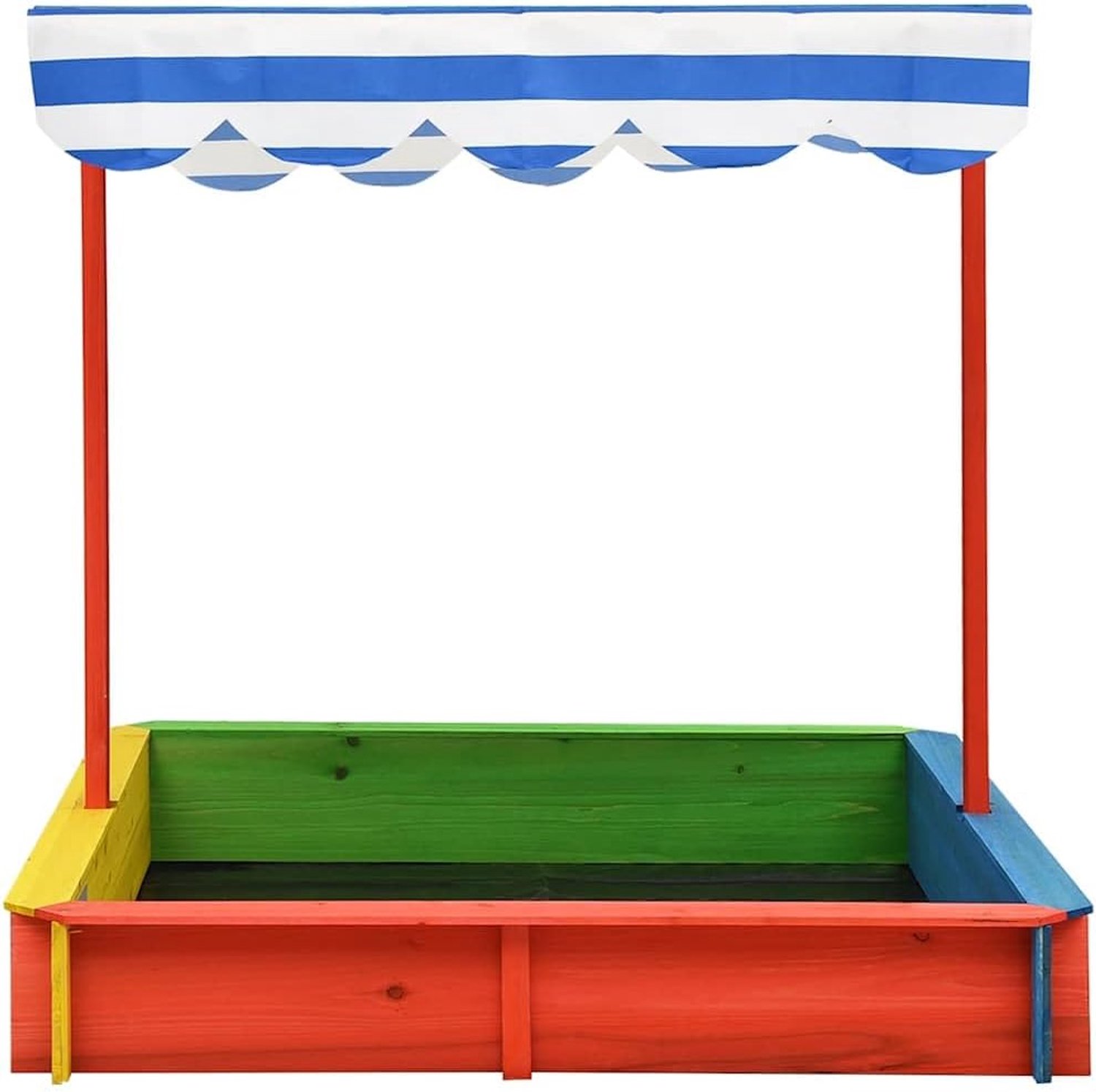 Zandbak met in hoogte verstelbaar zonnedak, 115 x 115 cm, speelzandbak van dennenhout voor de tuin, kleurrijke houten zandbak voor kinderen