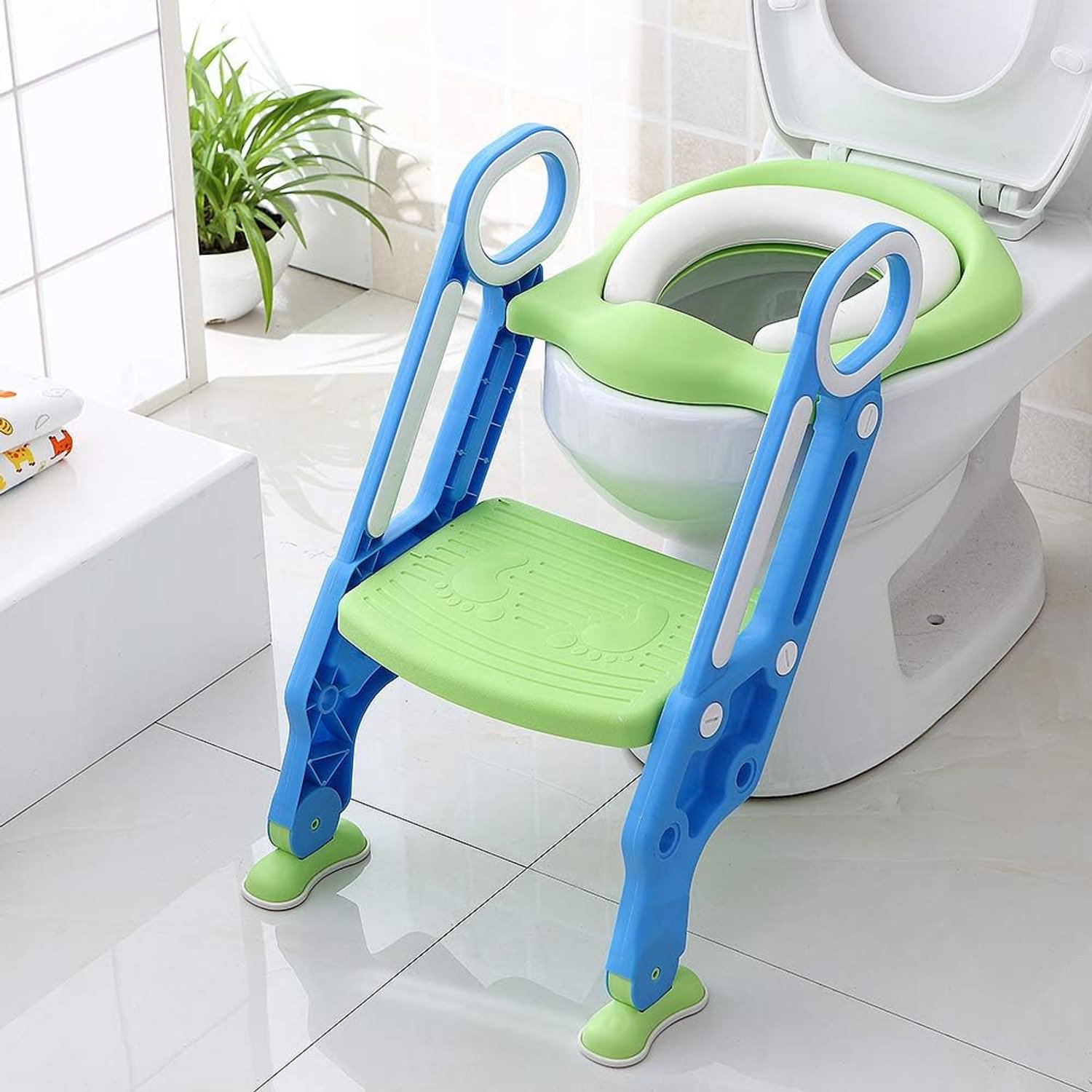 Toilettrainer voor kinderen- Kindertoilet trainingsstoel, antislip potje training toiletstoel opvouwbaar (blauw groen)