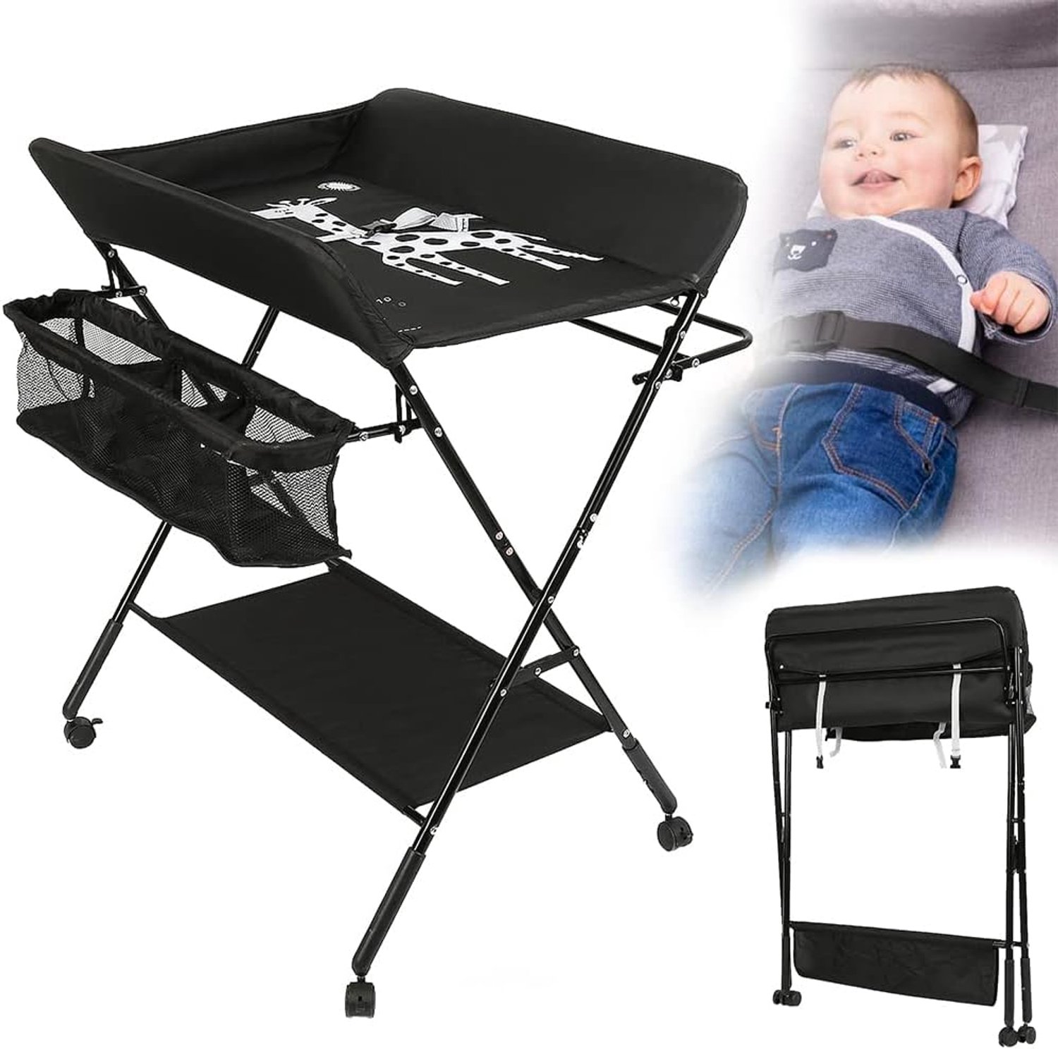 Opvouwbare commode, mobiele commode met aankleedkussen, veiligheidsgordel en opbergvakken (A,74 * 63 * 92-98CM/zwart)