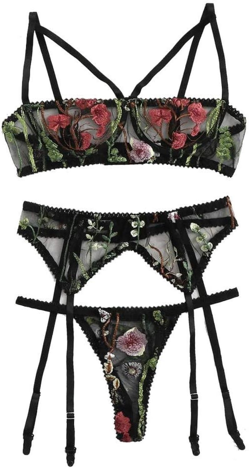 Bodystockings dames 3 ST Dames Porno Sexy Lingerie Kousenband + Bh + Slips Verleiding Erotisch Transparant Ondergoed Borduurwerk Kant Set