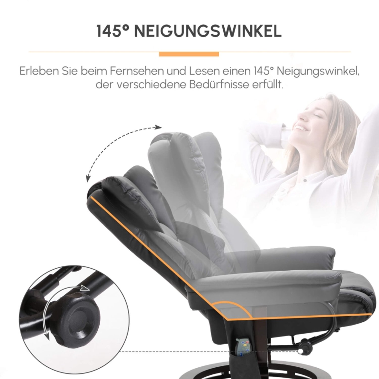 MIVRAY Relaxfauteuil 79 x 82 x 101 cm - Massage Met 10 Punten en Tot 145 Graden Kantelbaar - Voor de Woonkamer - Gebonden Leer - Zwart – foto 7