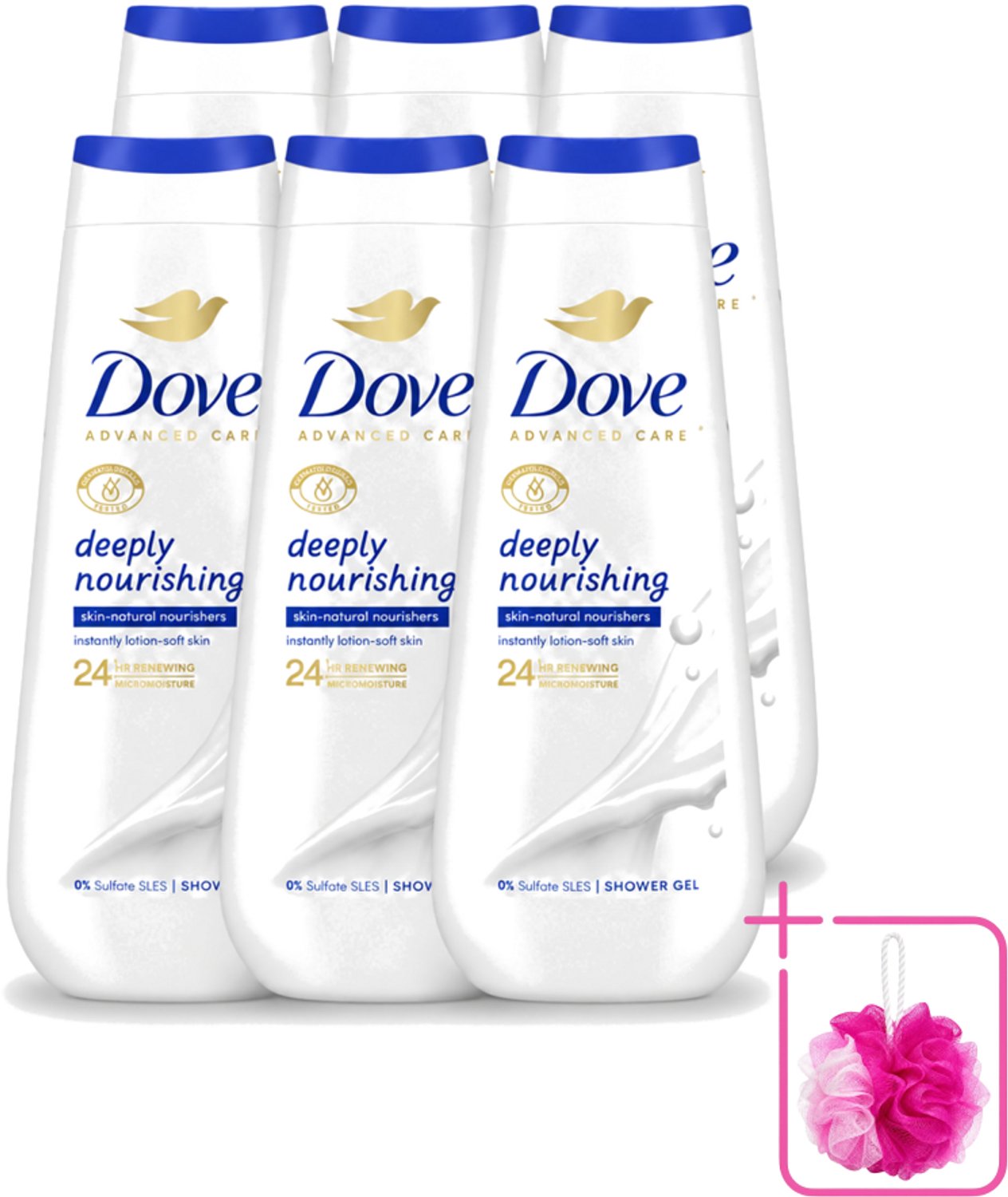 6 x Dove Douchecrème - Deeply Nourishing - 600 ml - Bulkverpakking - Douchegel - Douchemop - Huidverzorging