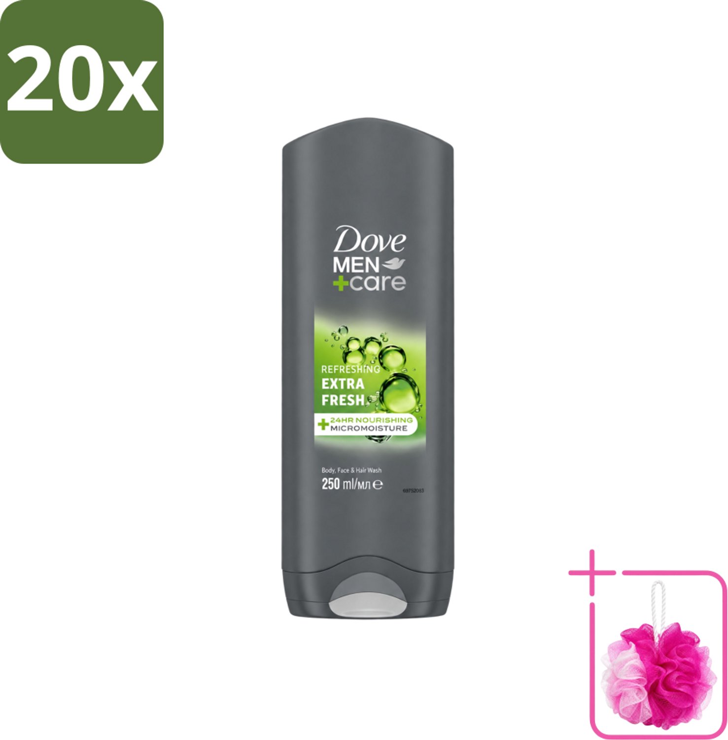 20 x Dove Men+Care Douchegel - Extra Fresh - 250 ml - Bulkverpakking - Douchegel voor mannen - Douchemop - Frisse geur