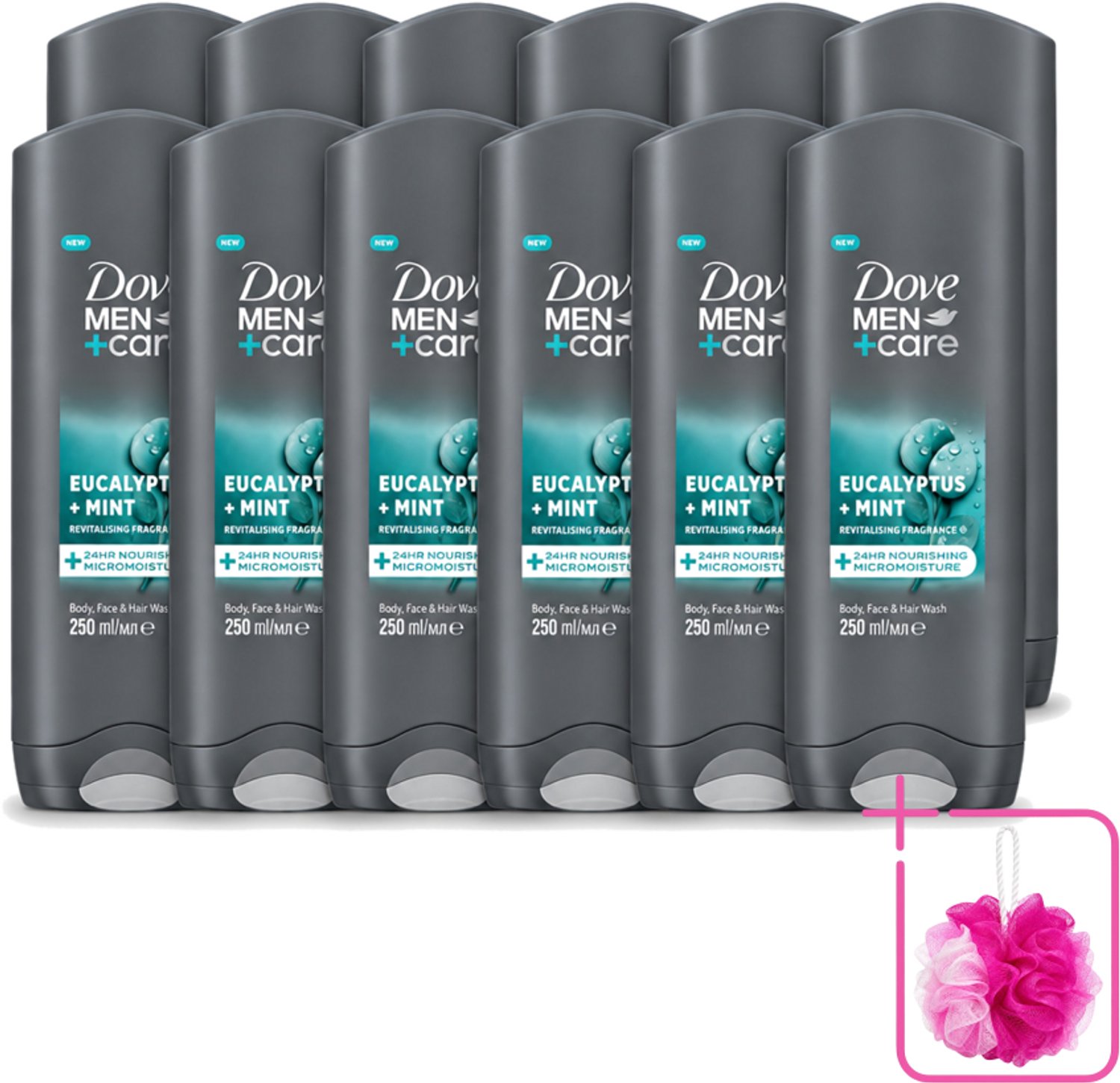 12 x Dove Men+Care Douchegel - Eucalyptus & Mint - 250 ml - Bulkverpakking - Douchegel voor mannen - Douchemop - Hydratatie huid