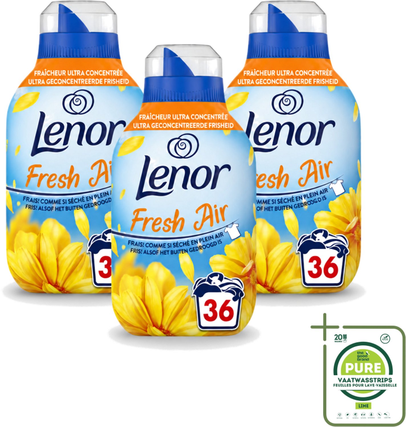 3 x Lenor - Wasverzachter - Fresh Air Zonnestralen - 36 Wasbeurten - 504 ml - Grootverpakking - Vaatwasstrips - Koffiezetapparaat - Koffiezetapparaat - Koffiezetapparaat