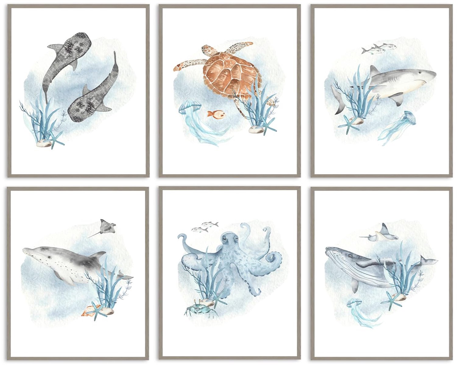 Wandkunst Set van 6 - Onderwater Zee Dieren Posters - Walvishaai/Schildpad/Octopus - Canvas Prints 20x25 cm - Niet ingelijst - Hoge kwaliteit - Muurdecoratie