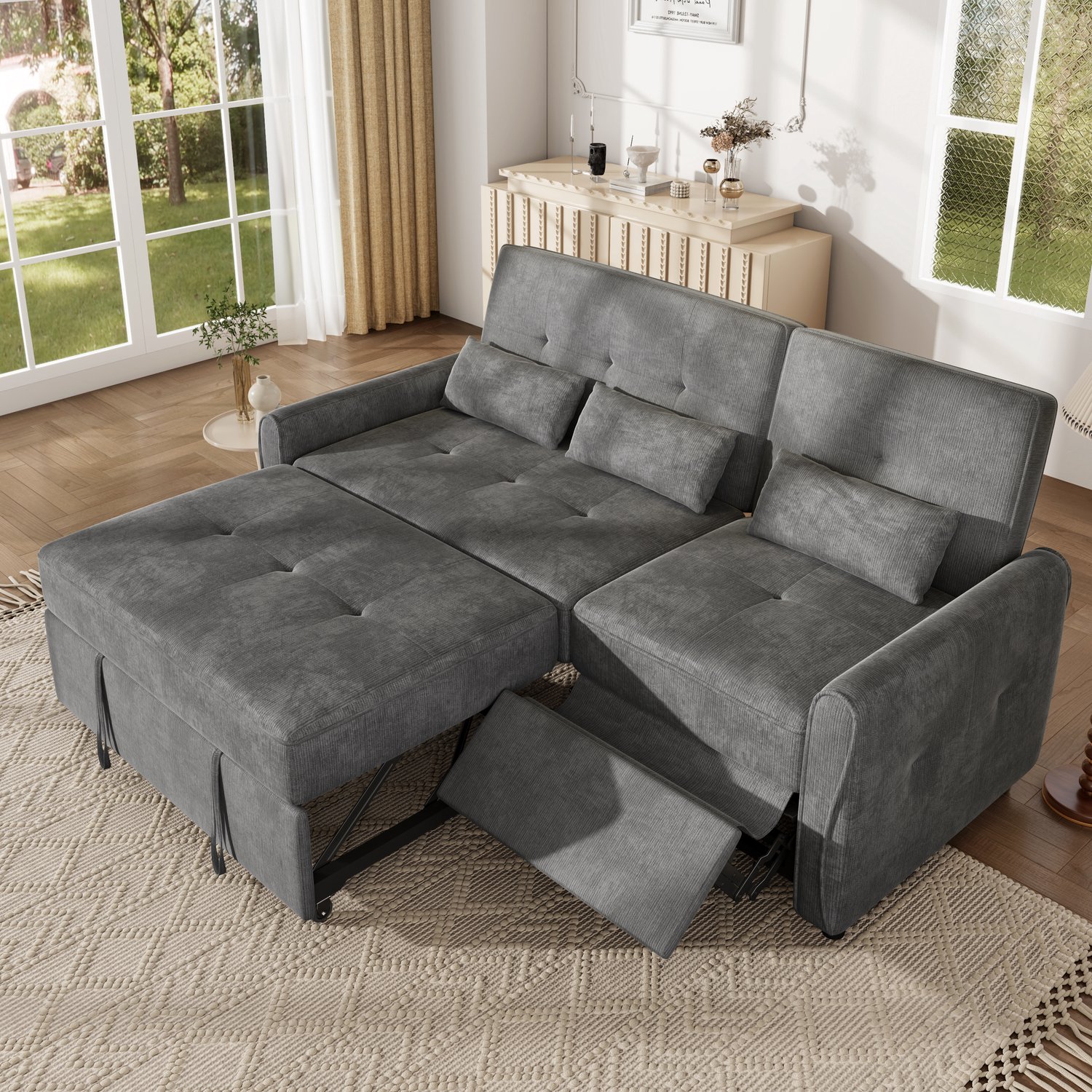 MIVRAY Slaapbank 176 cm - Uitschuifbaar Met Drievoudig Verstelbare Rugleuning - Voor Woonkamer En Gasten - Chenille Grijs