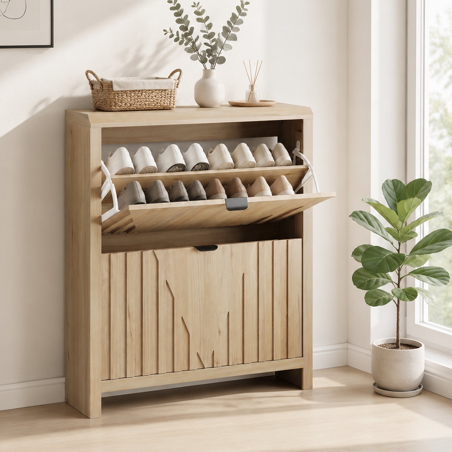 MODENUIT Schoenenkast - 2 Klapvakken Met Geometrisch Reliëf - Voor Hal - MDF - Eikenlook - 80x24x95 Cm