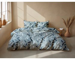 Zohome Astrid Dekbedovertrek - Blauw - Lits-jumeaux - Dekbedhoes van 100% Katoen-Flanel - Bladeren - 260x220 + 2 slopen 60/70 cm - AW25