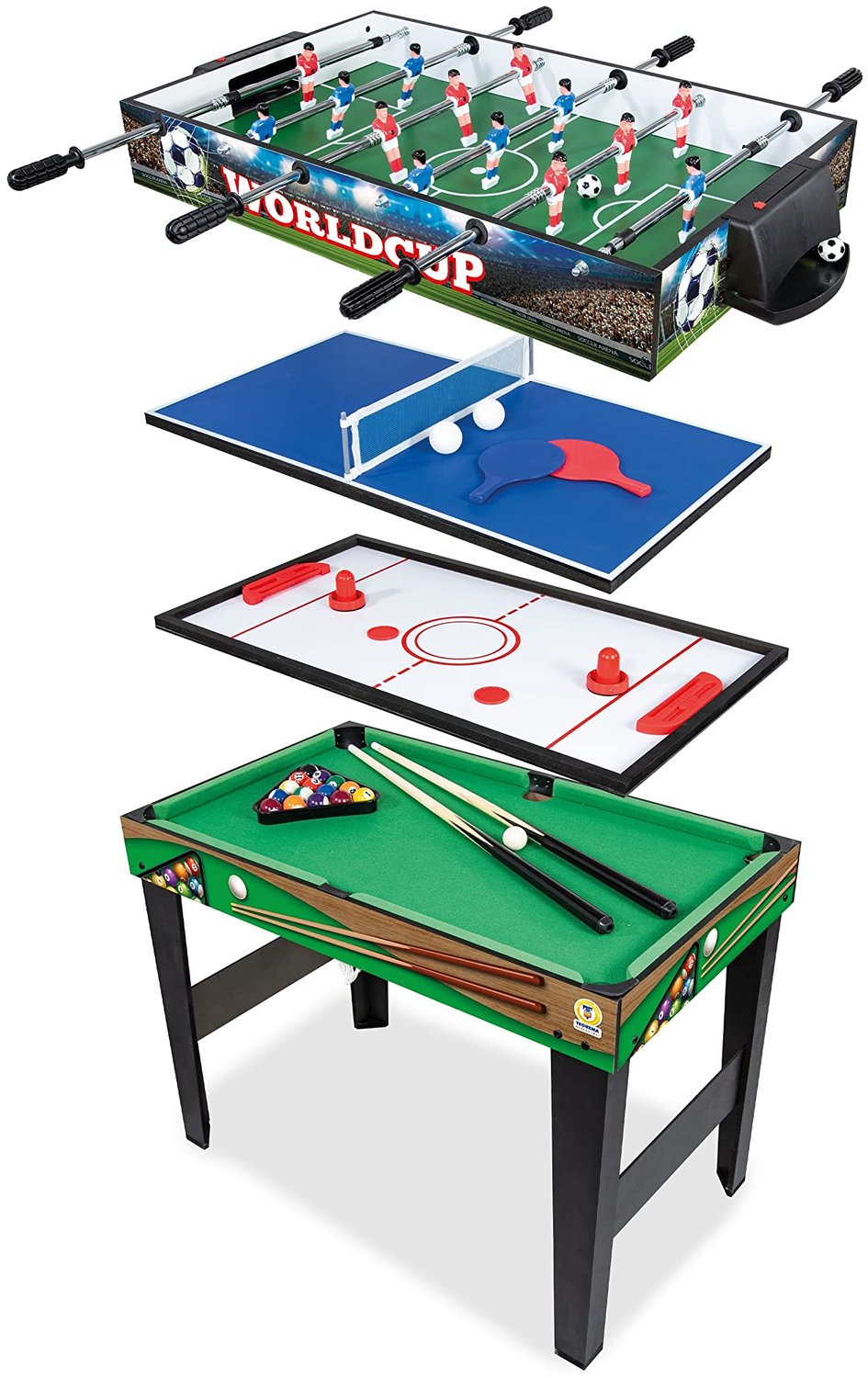 4-in-1 Houten Speeltafel met Voetbal, Tafeltennis, Airhockey en Biljart