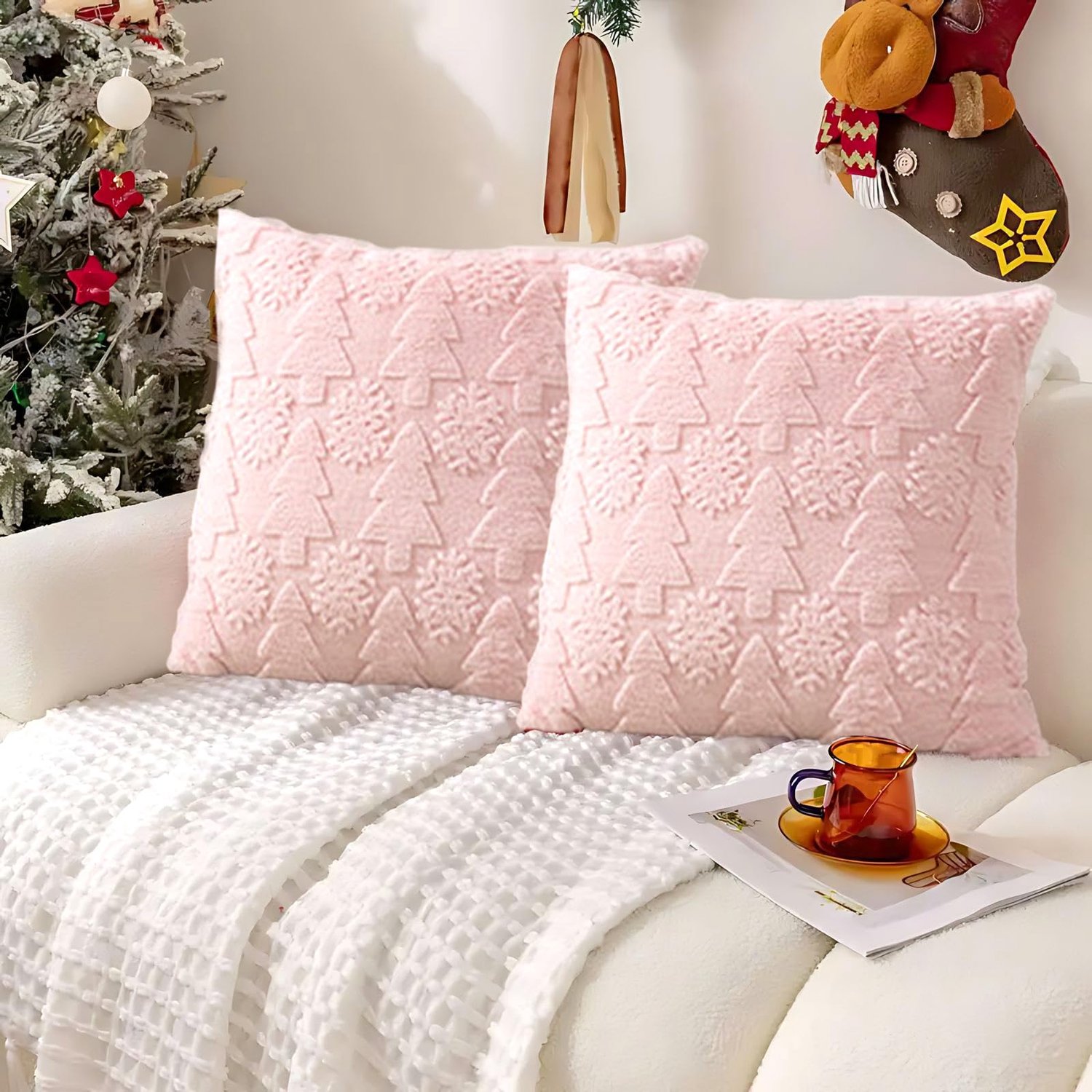 Set van 2 Kerstkussens 45x45cm met Sneeuwvlokken en Bomen