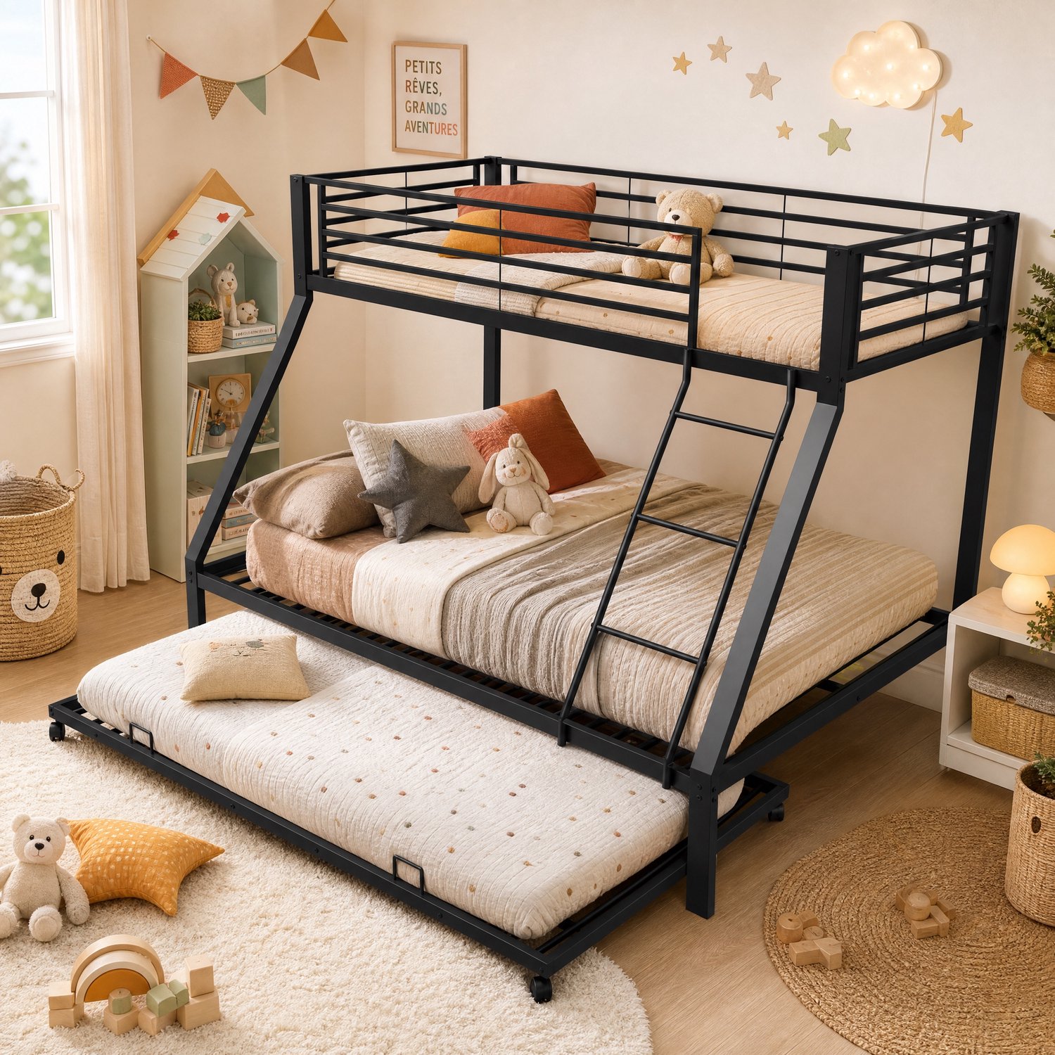 WUVRIE Metalen stapelbed 90x200 en 140x200 cm - Uitrolbed 90x190 cm met ladder - Zwart