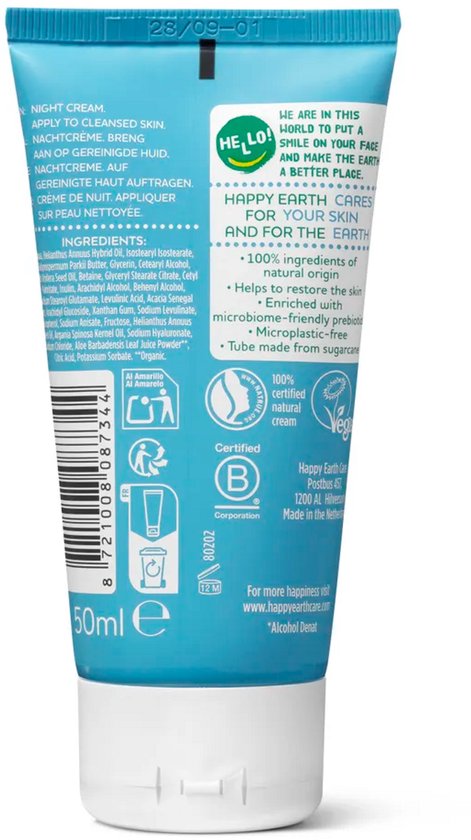 Achterkant van de blauwe Happy Earth nachtcrème tube met ingrediëntenlijst, gebruiksaanwijzing en keurmerken.