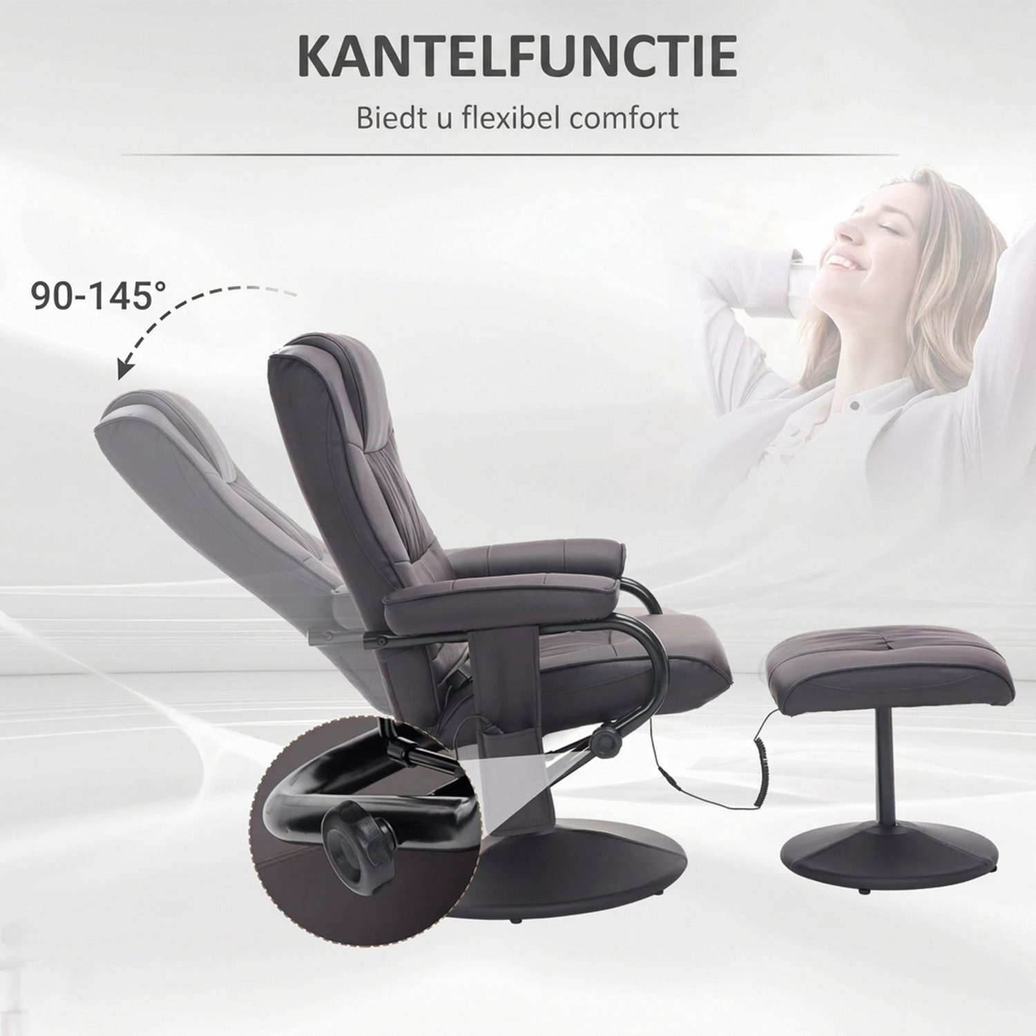 HOMCOM massagestoel met voetenbank 10 vibratiestanden - Relaxstoel kantelbaar 145 graden - Tv-fauteuil massage - Bruin – foto 8