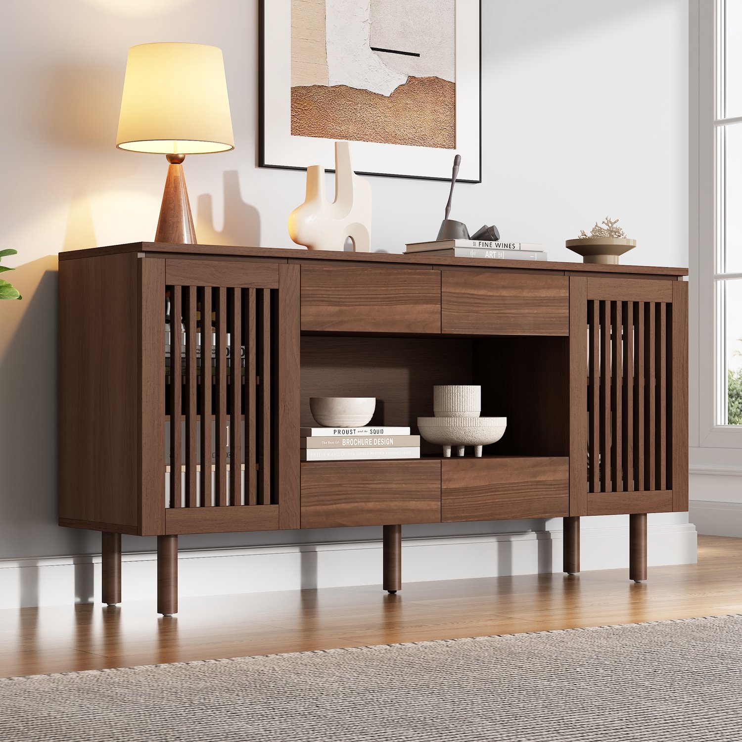 MODENUIT Dressoir - 4 Lades En 2 Lameldeuren - Voor Woonkamer En Hal - MDF - 140x35x71 Cm - Walnootkleur