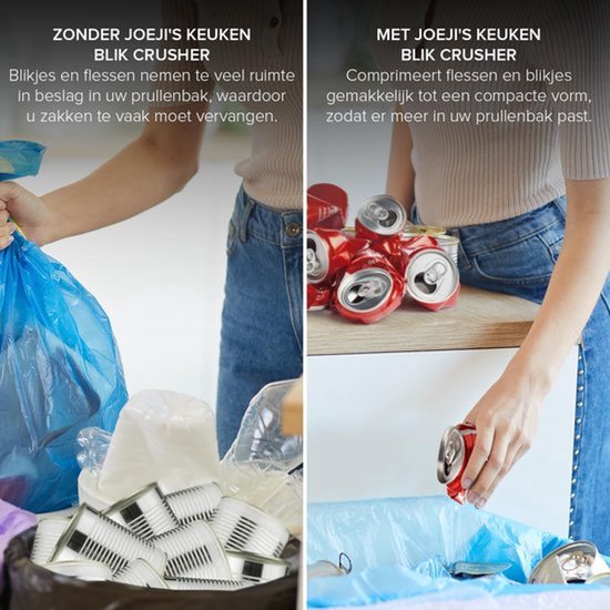 Vergelijking: links een volle prullenbak zonder blikbreker, rechts een persoon die een platgedrukt blikje weggooit.