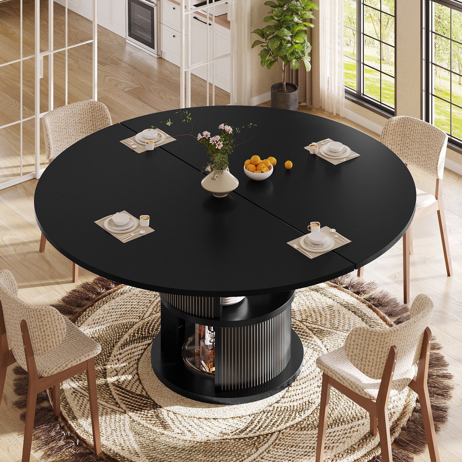 MODENUIT Eettafel - Uitschuifbaar met Opbergruimte - Eetkamer - MDF en Metaal - Zwart - 118/158x118x77 Cm