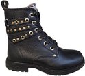 Zwarte Develab bikerboot met gouden ringen, studs en zebraprint op de tong.