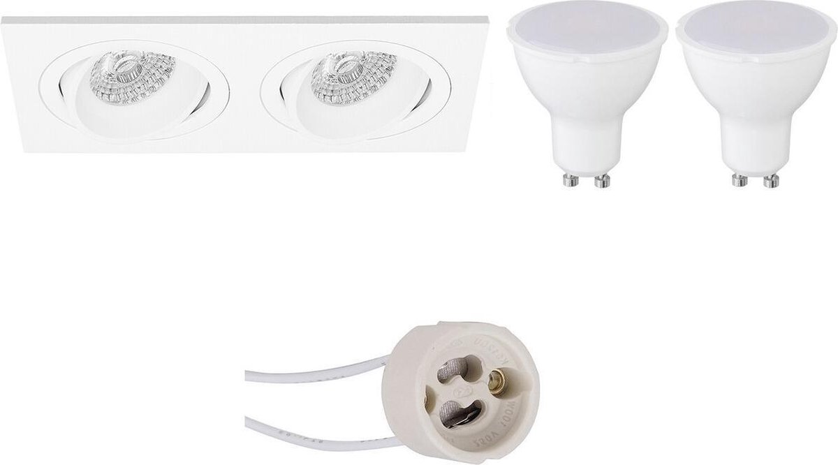 GU10 Inbouwspot Set - Mat Wit - Inbouw Rechthoek Dubbel - Kantelbaar - Pragmi Borny Pro - 4W - Warm Wit 3000K - 175x92mm