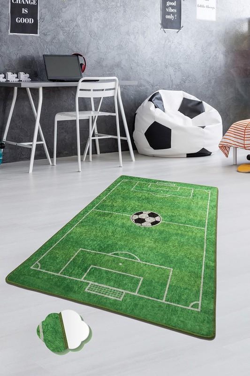 Tapis de chambre d'enfant Terrain de football - crème / noir 80x150 cm