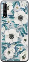 Huawei P Smart Pro hoesje - Witte bloemen - Soft Case Telefoonhoesje - Bloemen - Blauw