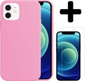 Hoes voor iPhone 12 Hoesje Siliconen Case Met Screenprotector Met Dichte Notch - Hoes voor iPhone 12 Case Siliconen Hoesje Cover - Hoes voor iPhone 12 Hoes Hoesje - Roze