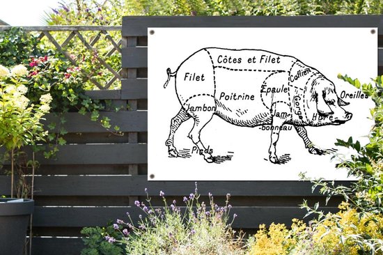 Ancienne illustration du boucher diagramme du cochon affiche de jardin toile en vrac 180x120 cm - Toile de jardin / Toile d'extérieur / Peintures d'extérieur (décoration de jardin) XXL / Groot format!