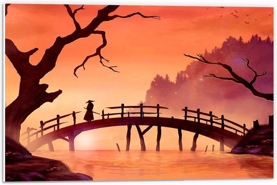 Forex - Getekende Samurai op een Brug - 60x40cm Foto op Forex