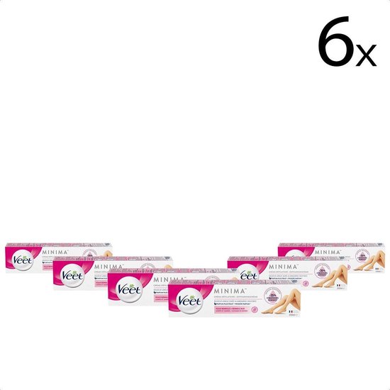Zes verpakkingen Veet Minima ontharingscrème, met afbeeldingen van benen op de verpakking.