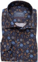 Ledub Modern Fit overhemd - donkerblauw met bruin dessin - Strijkvriendelijk - Boordmaat: 45