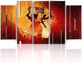 Schilderij , Afrikaanse vrouwen met potten , oranje geel rood ,4 maten , 5 luik , wanddecoratie , Premium print , XXL