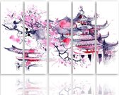 Schilderij , Japans huis , zwart wit roze ,4 maten , 5 luik , wanddecoratie , Premium print , XXL