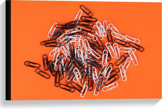 Canvas  - Zwart Witte Paperclips Oranje Achtergrond - 60x40cm Foto op Canvas Schilderij (Wanddecoratie op Canvas)