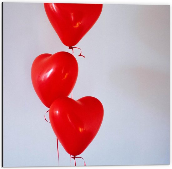 Dibond - Rode Hartjes Ballonnen - 50x50cm Foto op Aluminium (Wanddecoratie van metaal)
