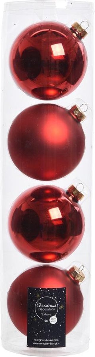 Decoris - 4 kerstballen kerstrood - glans en mat - 100 mm