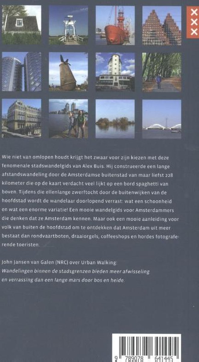 Achterkant van een boek met 12 foto's van Amsterdam en omliggende gebieden.