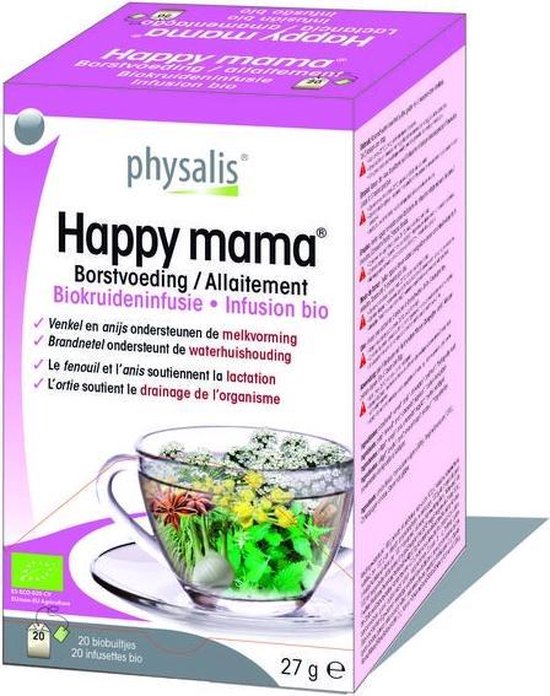 Doosje Physalis Happy mama thee met afbeelding van een kopje kruidenthee met steranijs, groene kruiden en gember. Met vegan logo.