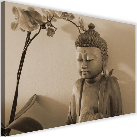 Schilderij Boeddha naast orchidee , 2 maten , bruin beige (wanddecoratie) |  bol.com