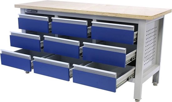 George Tools werkbank 169 cm - Werktafel met 9 laden en multiplex werkblad  - Blauw | bol.com