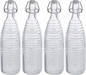 4x Glazen flessen transparant strepen met beugeldop 1000 ml - Keukenbenodigdheden - Woondecoratie - Tafel dekken - Koude dranken serveren/bewaren - Olie/azijn flessen - Decoratie flessen