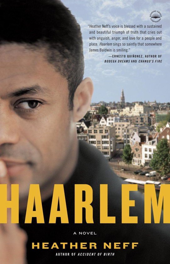 Boekcover van 'Haarlem' door Heather Neff. Dichtbij een mannelijk gezicht, met op de achtergrond een stadsgezicht van Haarlem.